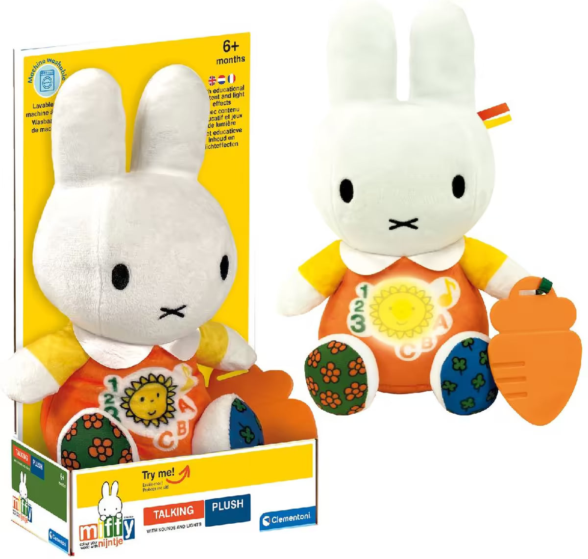 Nijntje Knuffel sprekende pop met lampjes, inclusief wortel bijtspeeltje en verpakking, ideaal baby cadeau vanaf 6 maanden.