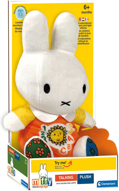 Nijntje Knuffel sprekende pop met lampjes in oranje kleding, voorkant verpakking sensorisch speelgoed voor baby’s.