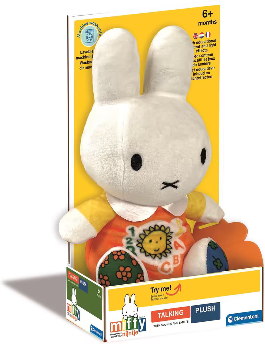 Nijntje Knuffel sprekende pop met lampjes in oranje outfit, voorkant verpakking educatief speelgoed 6+ maanden.