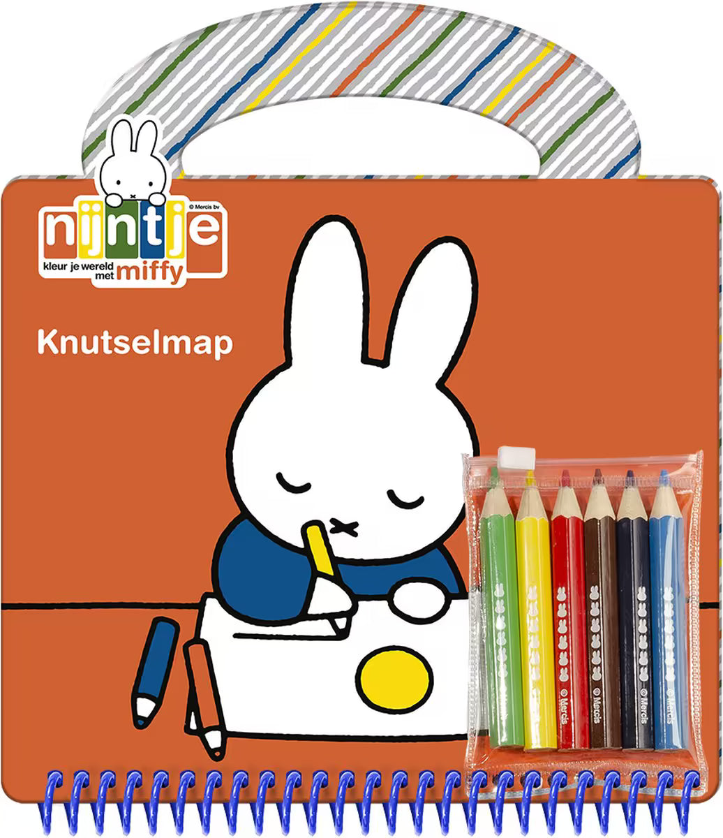 Voorkant van Nijntje Knutselboek verpakking in oranje met Miffy illustratie en kleurpotloden, creatief tekenboek.