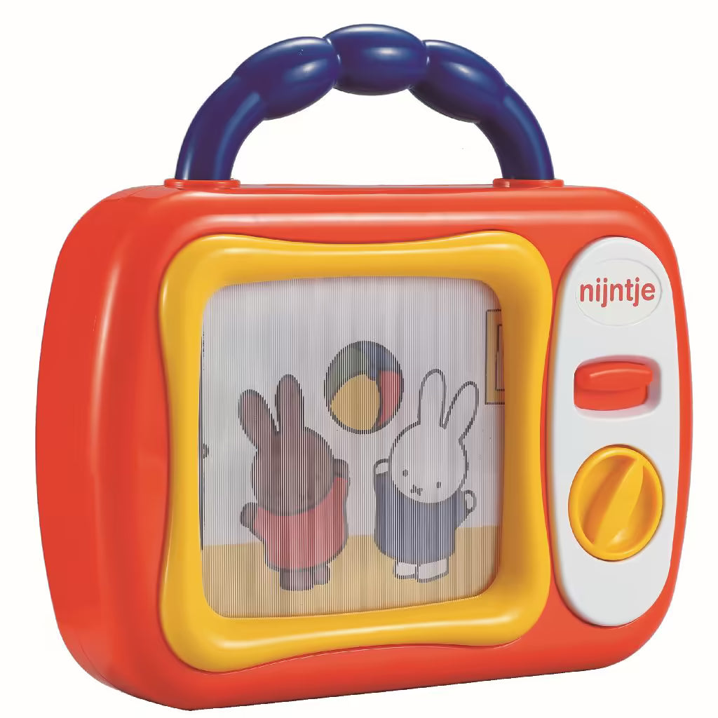 Nijntje mijn eerste TV met blauw handvat, kleurrijk scherm en draaischijf, ideaal sensorisch speelgoed voor baby’s.