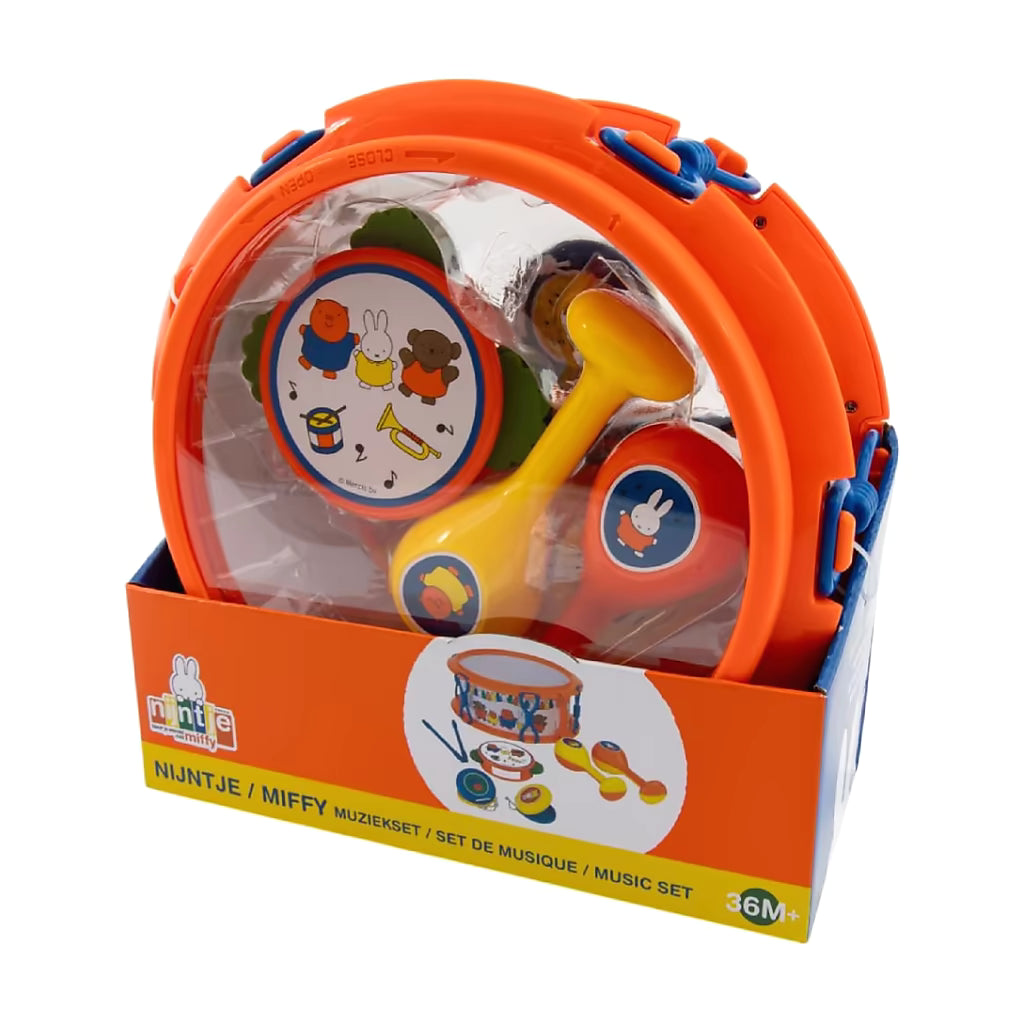 Nijntje Muziekset bovenaanzicht, trommel en sambaballen met Miffy en Boris Beer, vrolijk educatief speelgoed.