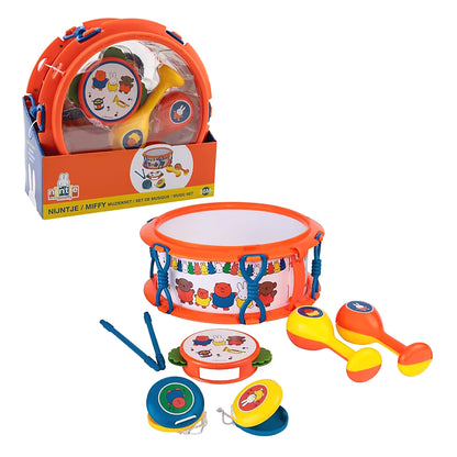 Nijntje Muziekset met kleurrijke trommel, sambaballen en castagnetten voor peuters, vrolijk educatief speelgoed.