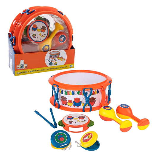 Nijntje Muziekset met kleurrijke trommel, sambaballen en castagnetten voor peuters, vrolijk educatief speelgoed.