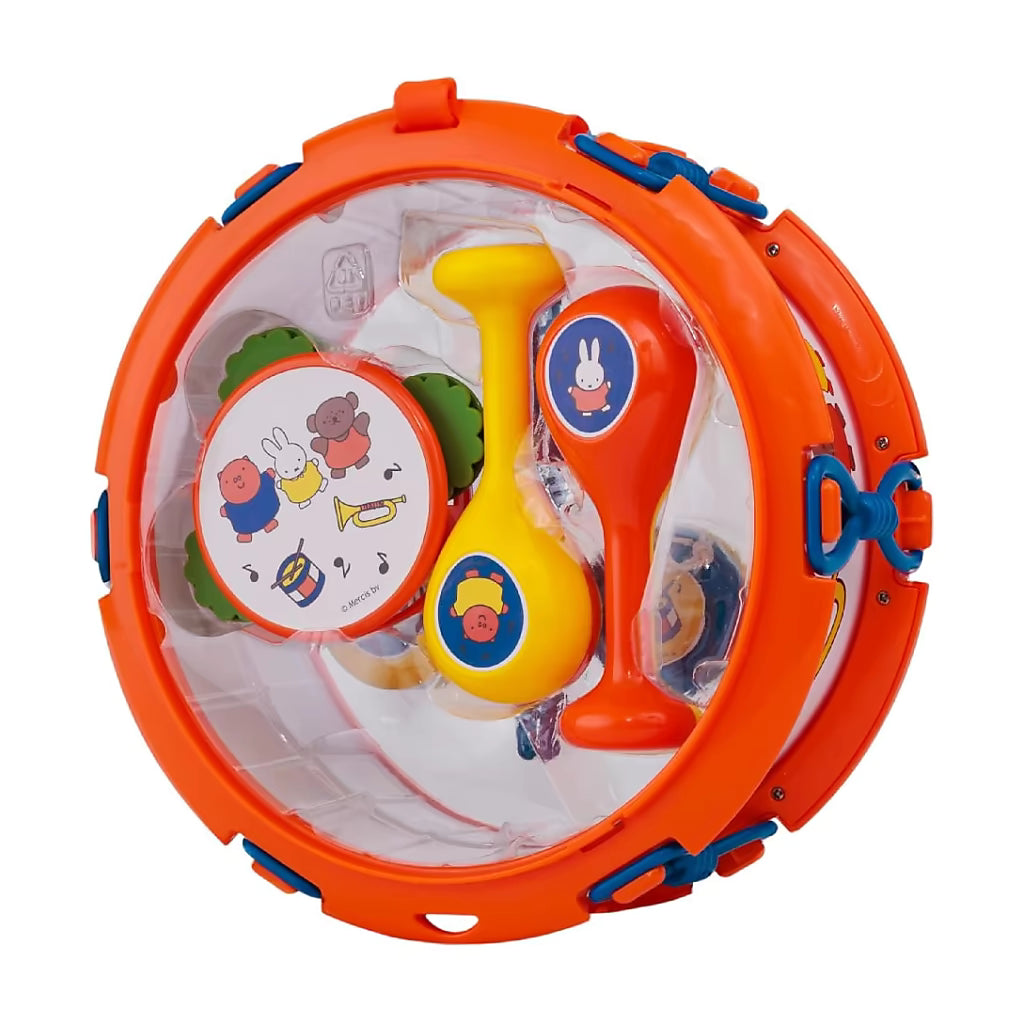 Nijntje Muziekset in verpakking, sensorisch speelgoed met tamboerijn, sambaballen en vrolijke Miffy prints.