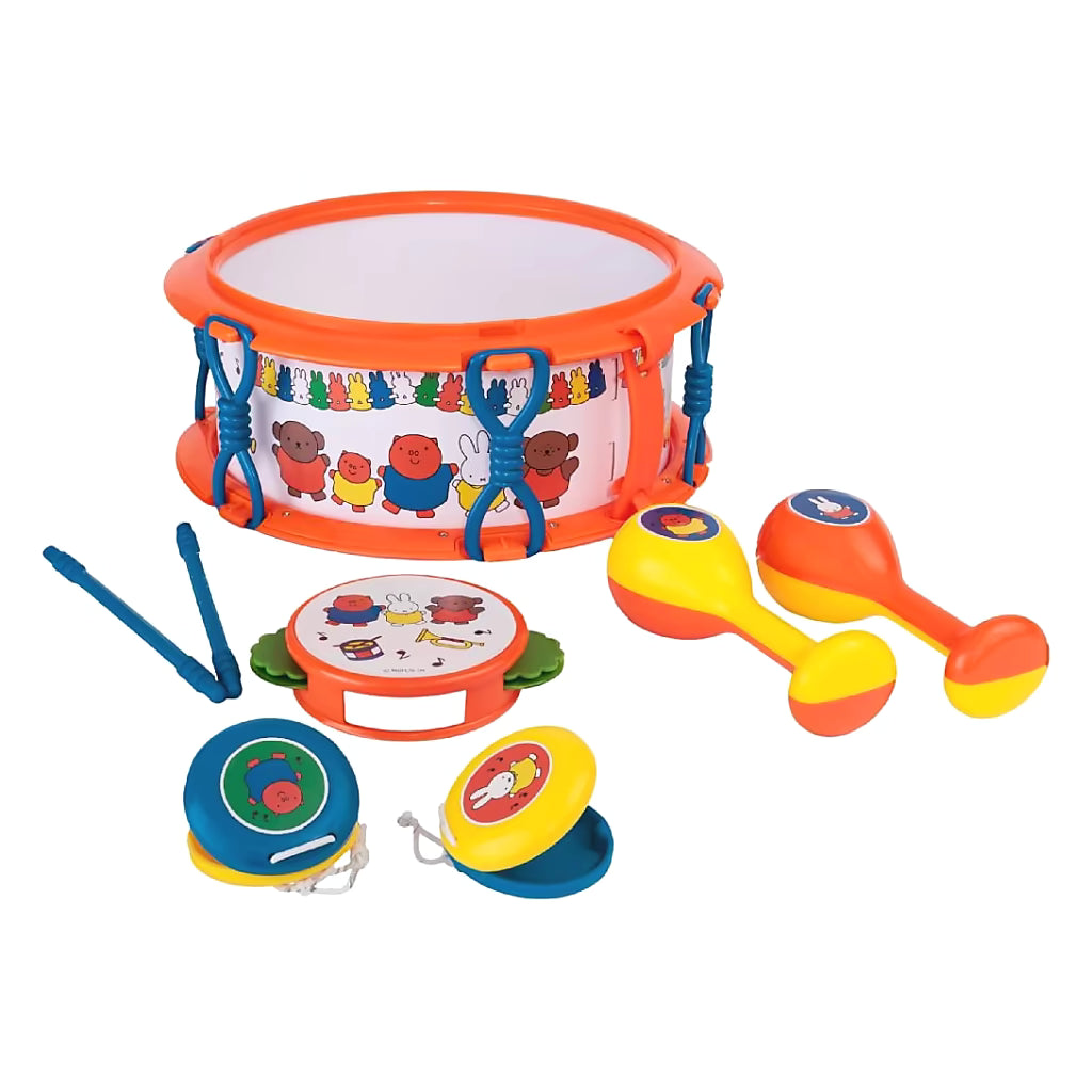 Nijntje Muziekset in doos, voorkant verpakking met Miffy en tamboerijn, ideaal muziek speelgoed voor kinderen.