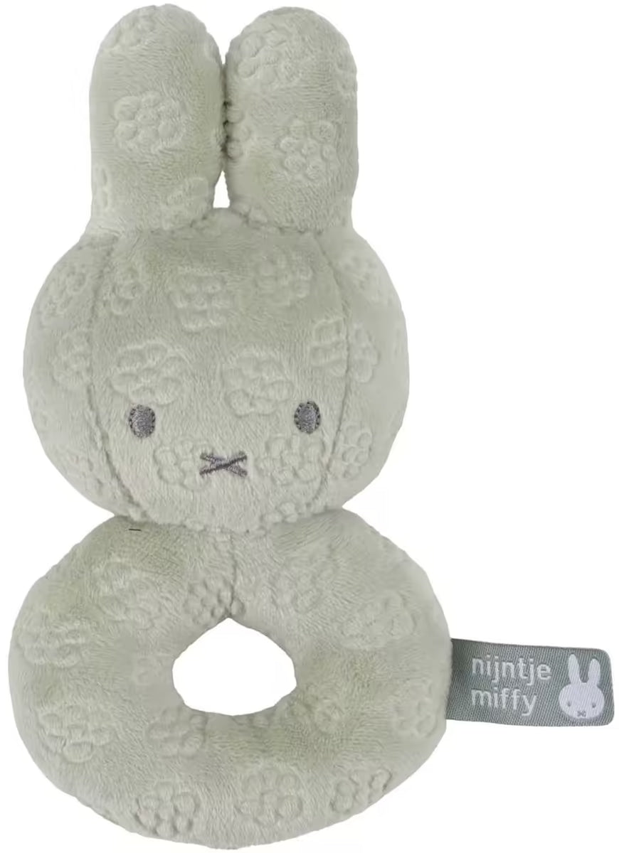 Detailfoto van Nijntje Rammelaar Green Flower in zacht groen pluche, perfect baby cadeau en sensorisch speelgoed.
