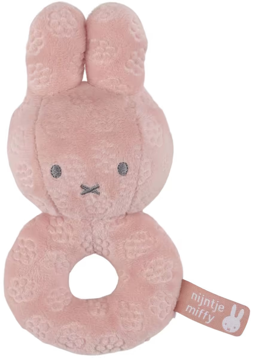 Close-up van zachte roze Nijntje Rammelaar Pink Flower, ideaal educatief speelgoed en kraamcadeau voor pasgeborenen.