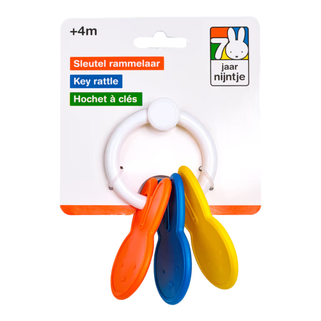 Verpakking van Nijntje Rammelaar sleutelbos in drie kleuren, educatief speelgoed en vrolijk baby cadeau.