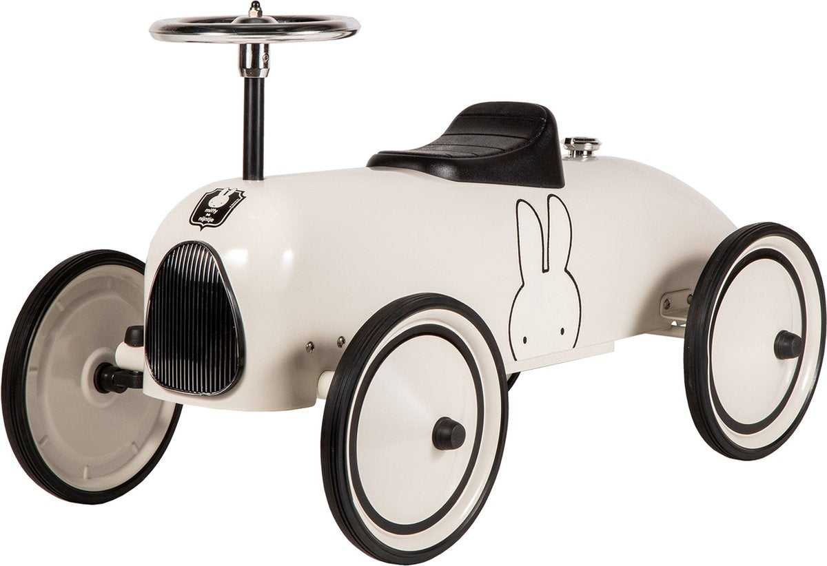 Nijntje retro loopauto wit met zwart, klassiek vintage design met Miffy illustratie en metalen stuur