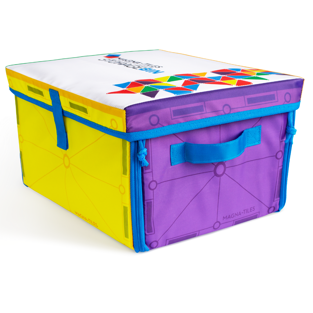 Opvouwbare Magna Tiles speelkleed opbergdoos met deksel, geel-paars design en geometrisch patroon