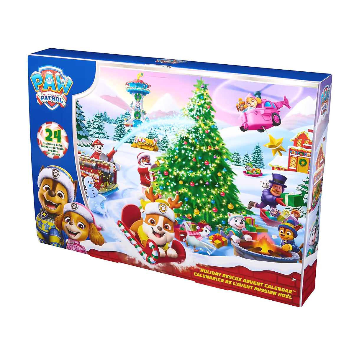 Voorkant van de Paw Patrol Advent kalender 2025 met Rubble, Marshall en Skye in kerststijl als ideaal kerstcadeau.