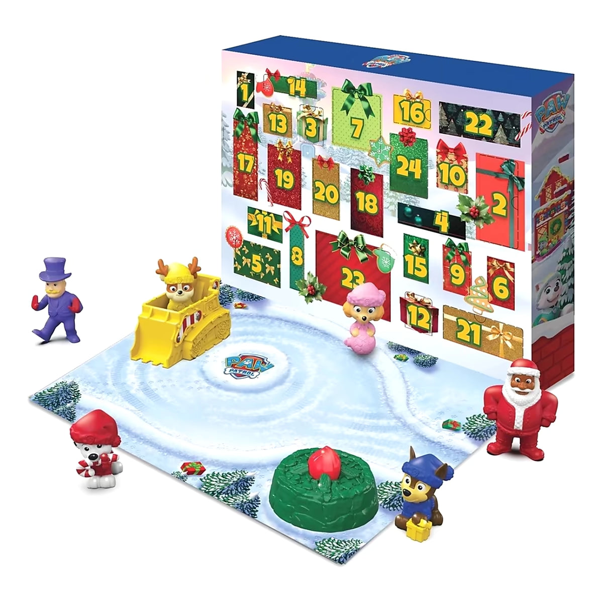 Open advent kalender van de Paw Patrol Advent Calendar 2025 met Rubble en Skye figuren en kersthuis decoratie.