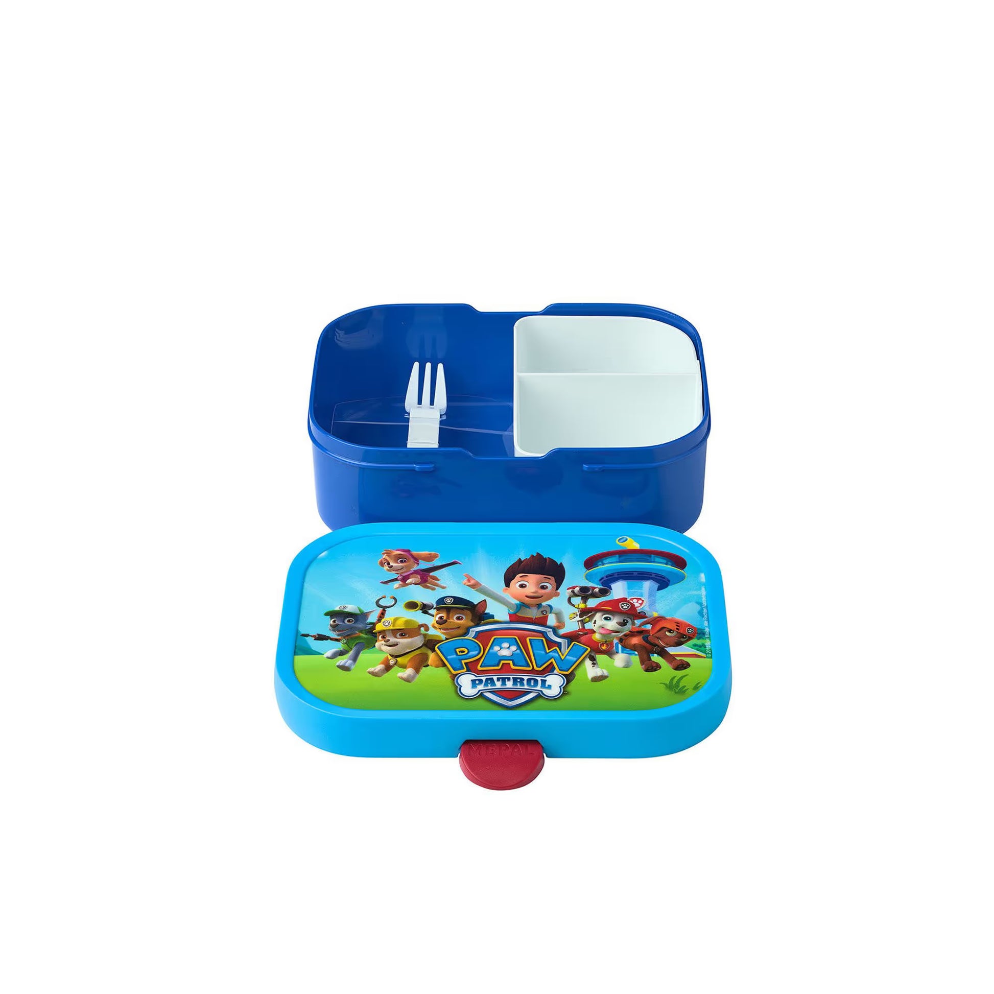 Blauw Mepal Campus Lunchbox PAW Patrol open met vakjes en vorkje, ideaal als kindvriendelijke broodtrommel
