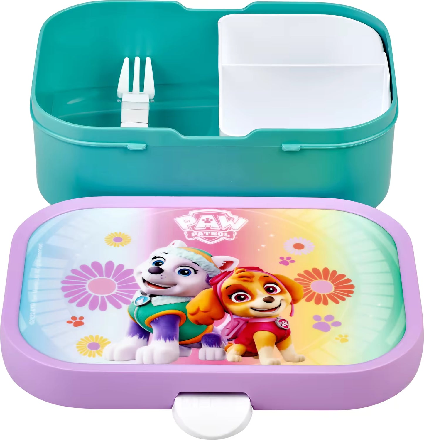 Bovenaanzicht van Mepal Campus PAW Patrol broodtrommel voor kinderen met vakverdeling en vorkje, ideaal voor school.