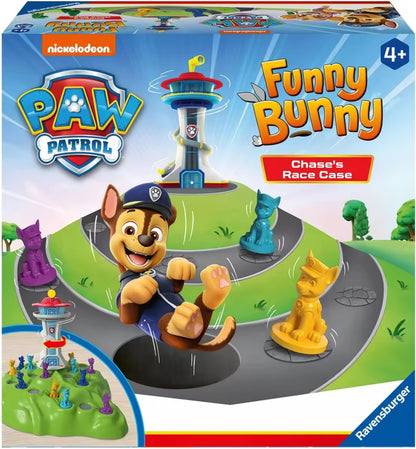 Voorkant verpakking van PAW Patrol Bunny Hop Chase’s Race Case, kleurrijk kinderspel voor peuters en jonge kinderen.