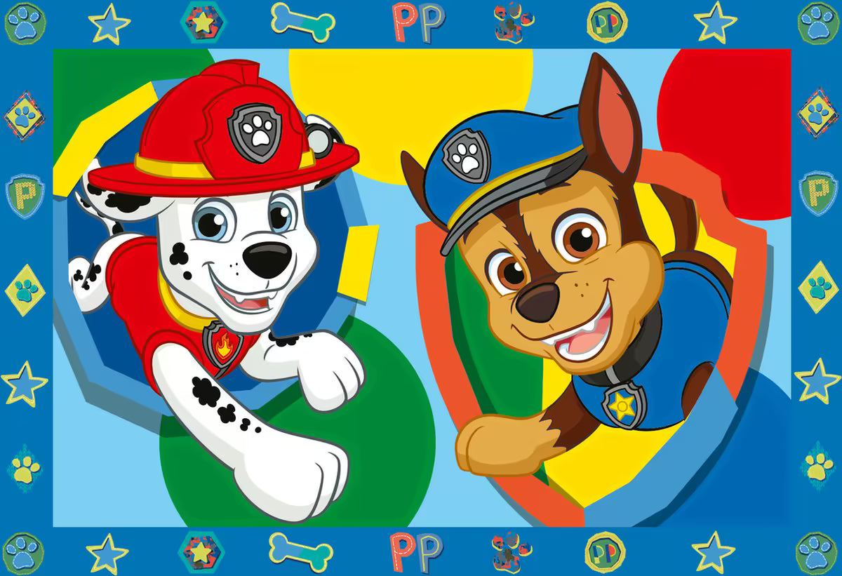Detail van Ravensburger CreArt Paw Patrol schilderij met Marshall en Chase, kleurrijk en perfect voor kinderen vanaf 5 jaar.