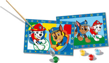 Inhoud van Ravensburger CreArt Paw Patrol set met schilderen-op-nummer vellen, verf en penseel, veilig en creatief voor kinderen.