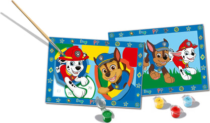 Inhoud van Ravensburger CreArt Paw Patrol set met schilderen-op-nummer vellen, verf en penseel, veilig en creatief voor kinderen.