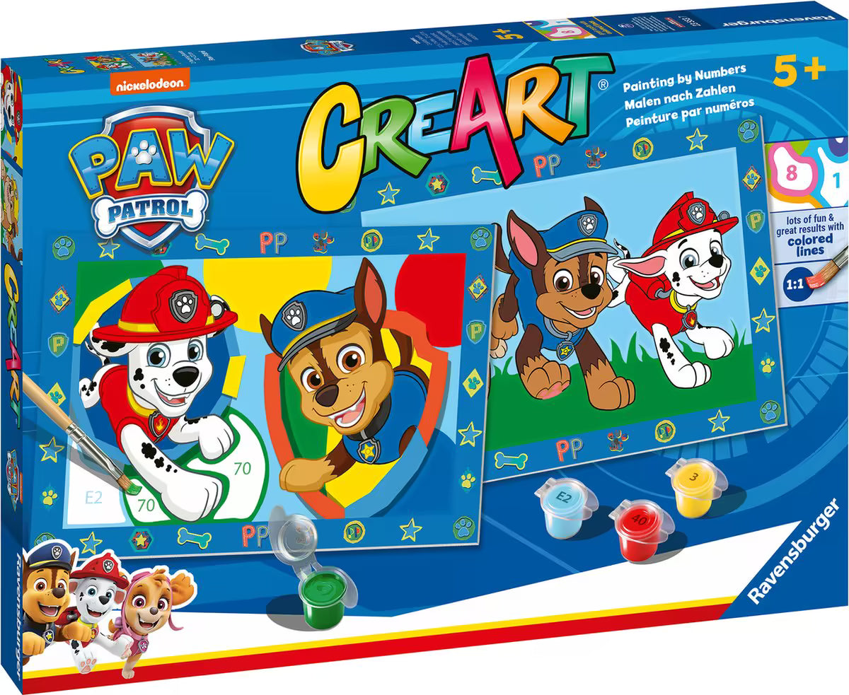 Compleet Ravensburger CreArt Paw Patrol schilderen-op-nummer pakket, inclusief verfpotjes, kwast en vrolijke hondenvriendjes.