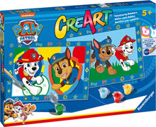 Compleet Ravensburger CreArt Paw Patrol schilderen-op-nummer pakket, inclusief verfpotjes, kwast en vrolijke hondenvriendjes.