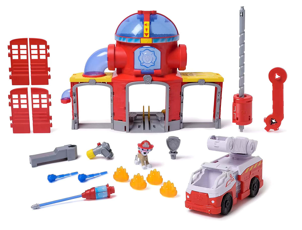 Complete inhoud van Paw Patrol Fire Rescue Fire station inclusief Marshall, brandweerwagen, deuren, waterkanon en vlammen.