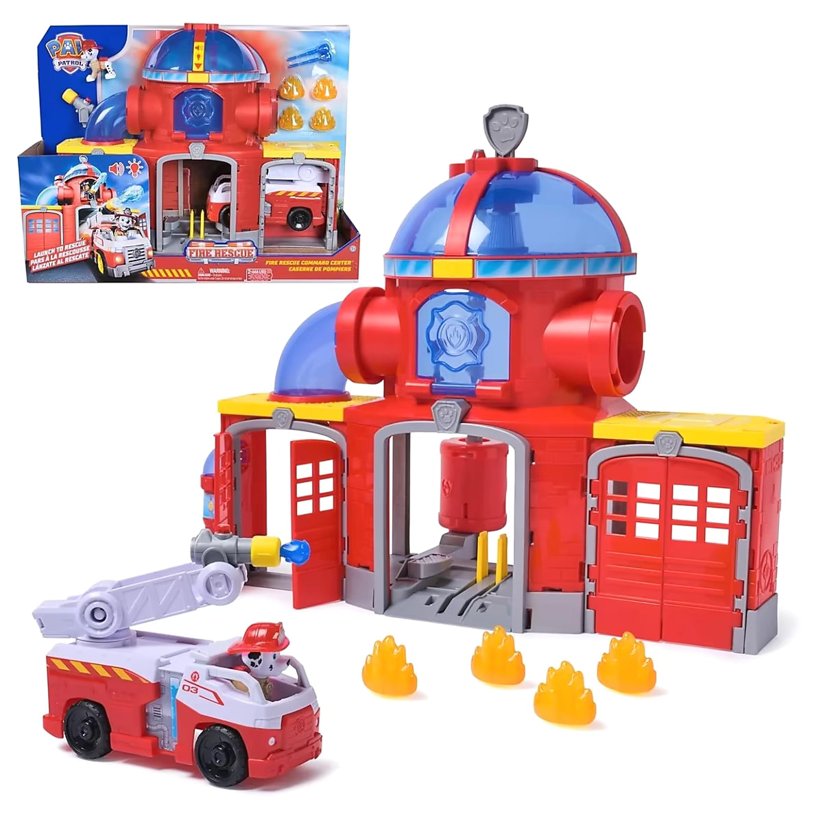 Voorkant verpakking van Paw Patrol Fire Rescue Fire station met Marshall PAW Patrol, brandweerwagen en speelaccessoires.