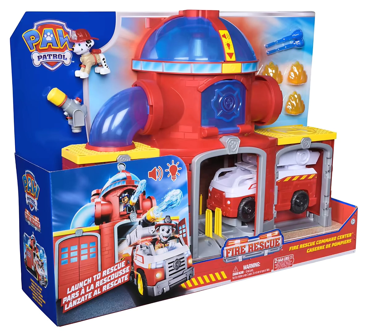 Voorkant verpakking Paw Patrol Fire Rescue Fire station met kleurrijke afbeeldingen van Ryder en Chase PAW Patrol in actie.