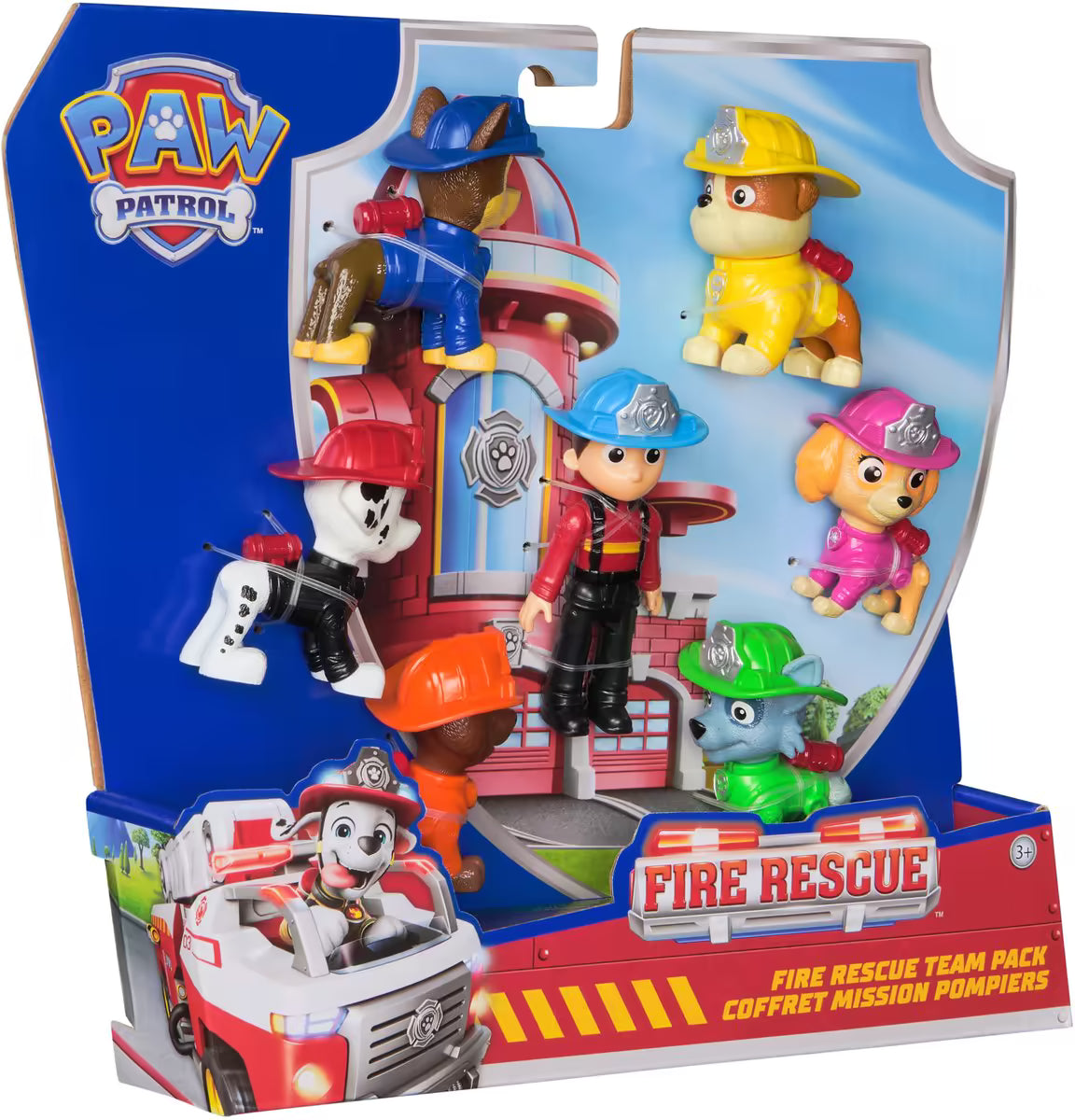Voorkant verpakking van PAW Patrol Fire Rescue 7 Figures Gift Pack, kleurrijk speelgoed voor kinderen vanaf 3 jaar