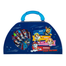 Voorkant PAW Patrol kleurkoffer 51 delig met namen Chase, Marshall, Skye en Rubble op blauwe verpakking