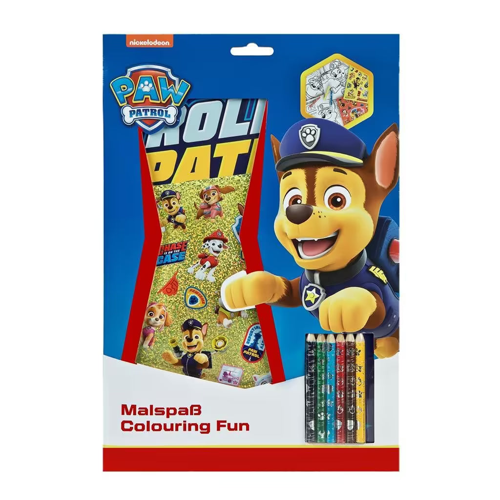 PAW Patrol kleurplaten set met Chase voorkant verpakking, inclusief kleurpotloden en stickers voor kinderen