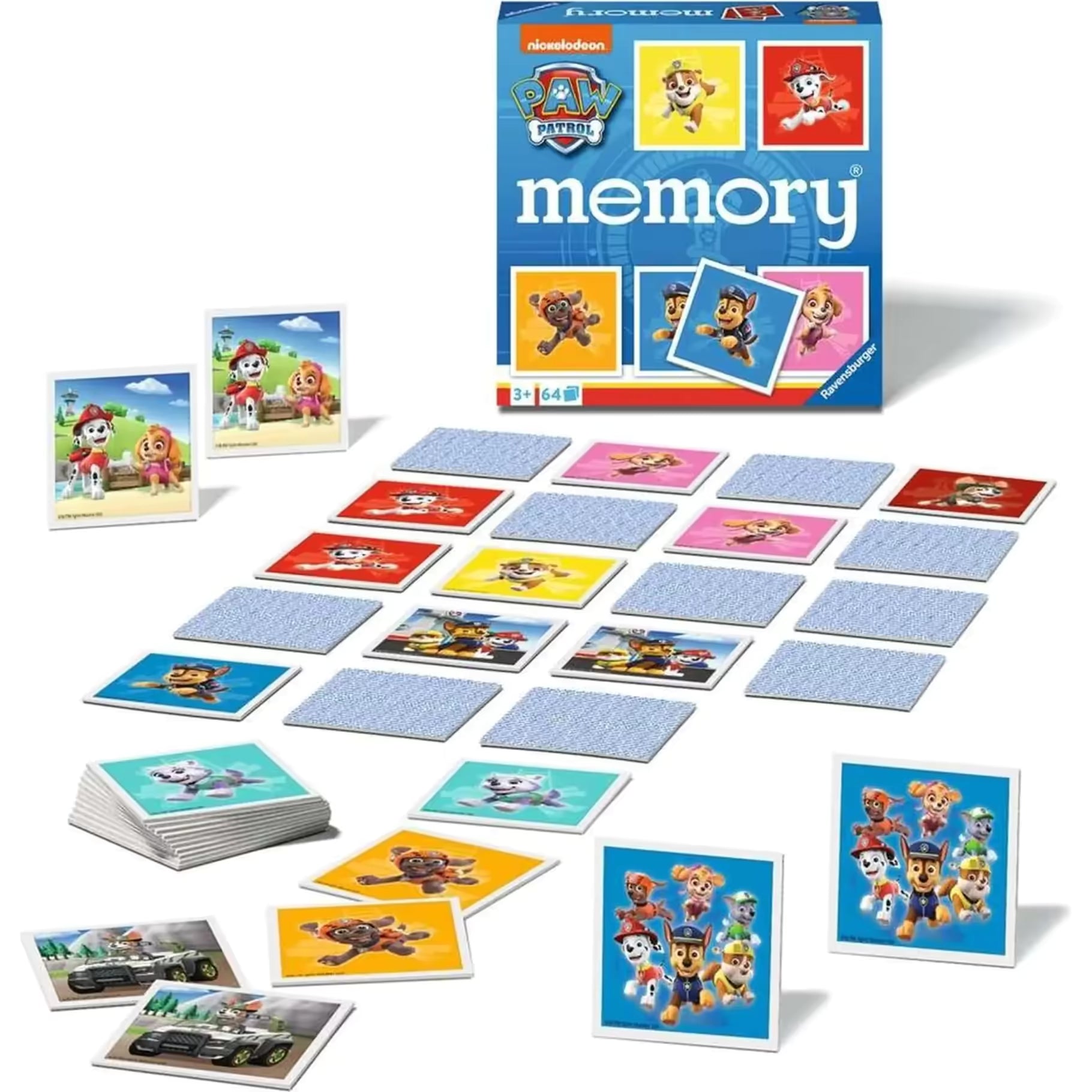 Bovenaanzicht van PAW Patrol memory kaartspel van Ravensburger met kleurrijke kaarten voor peuters en jonge kinderen.