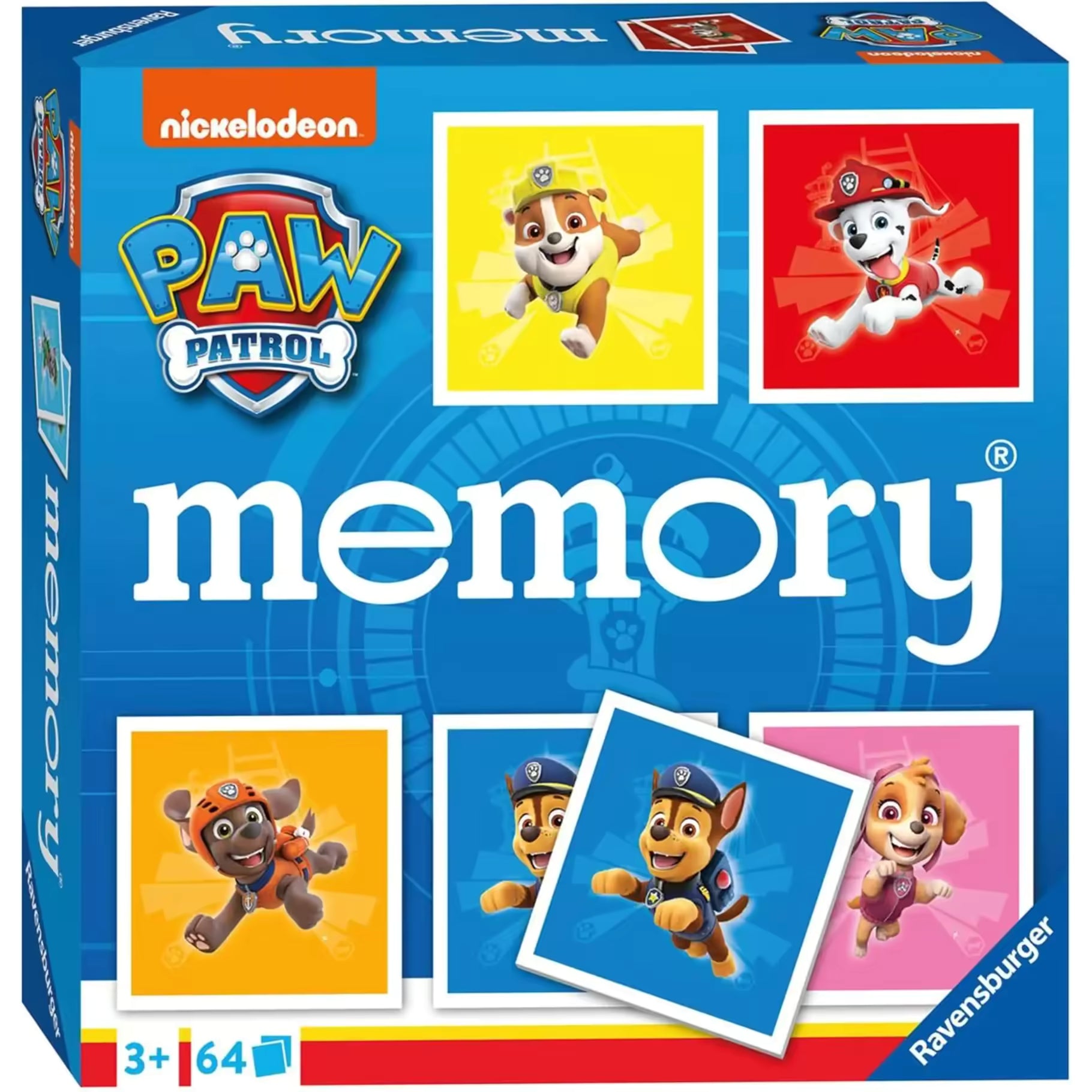 Voorkant van PAW Patrol memory doos van Ravensburger met vrolijke hondenfiguren, ideaal kindvriendelijk speelgoed.