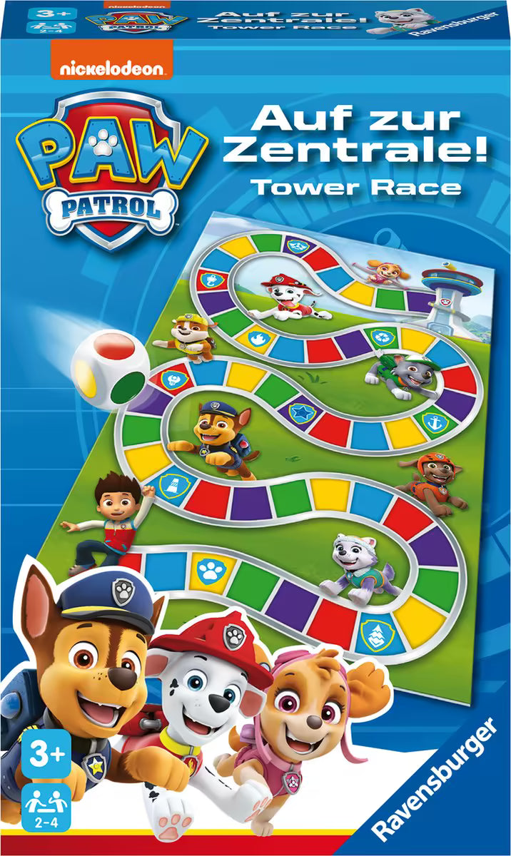 Ravensburger Paw Patrol Race the Tower verpakking met Chase, Marshall en Skye op de voorkant van het spel