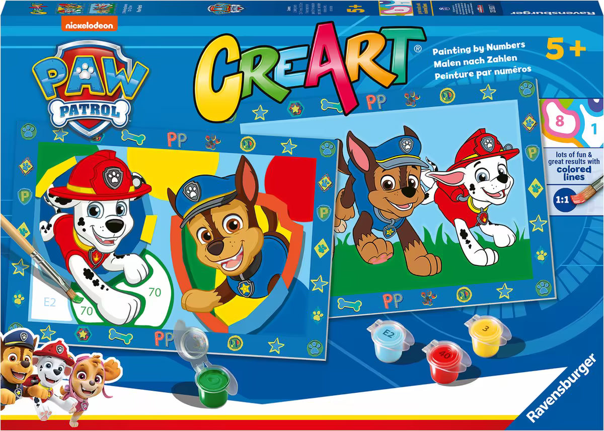 Voorkant verpakking Ravensburger CreArt Paw Patrol schilderset, compleet met schilderijen, verf en kindvriendelijke accessoires.