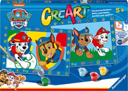 Voorkant verpakking Ravensburger CreArt Paw Patrol schilderset, compleet met schilderijen, verf en kindvriendelijke accessoires.