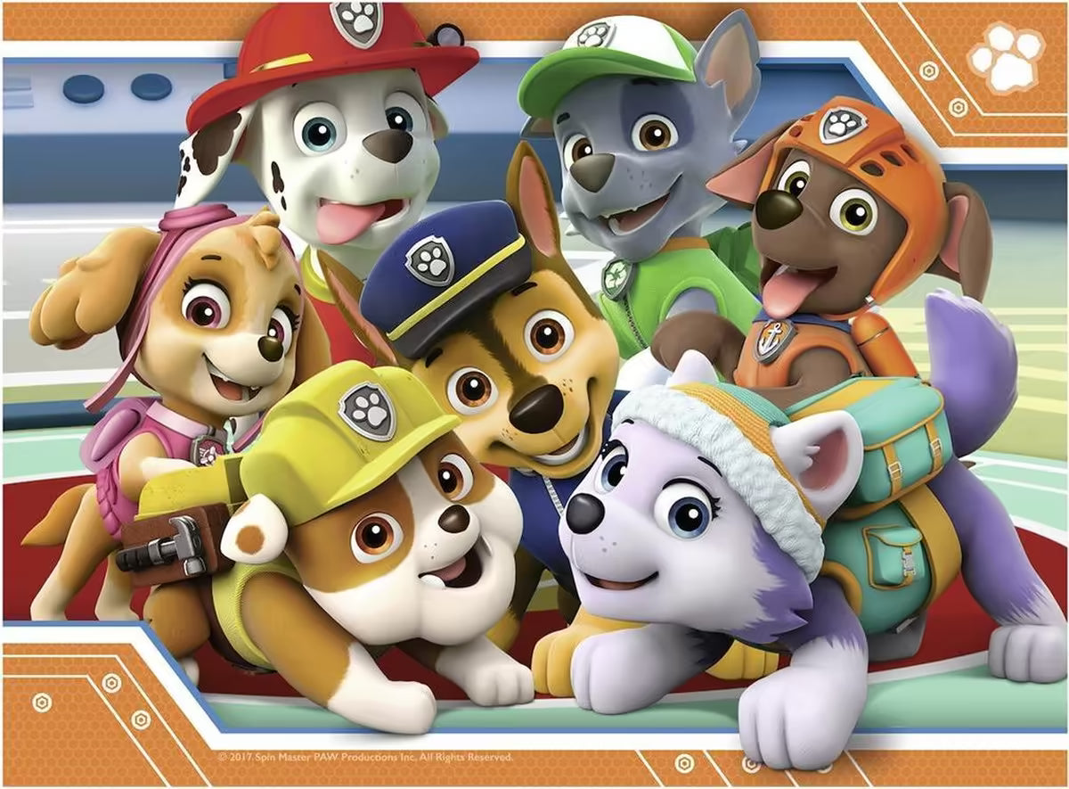 Ravensburger puzzle PAW Patrol met alle pups samen in kleurrijke groepsfoto, ideaal voor jonge puzzelaars.