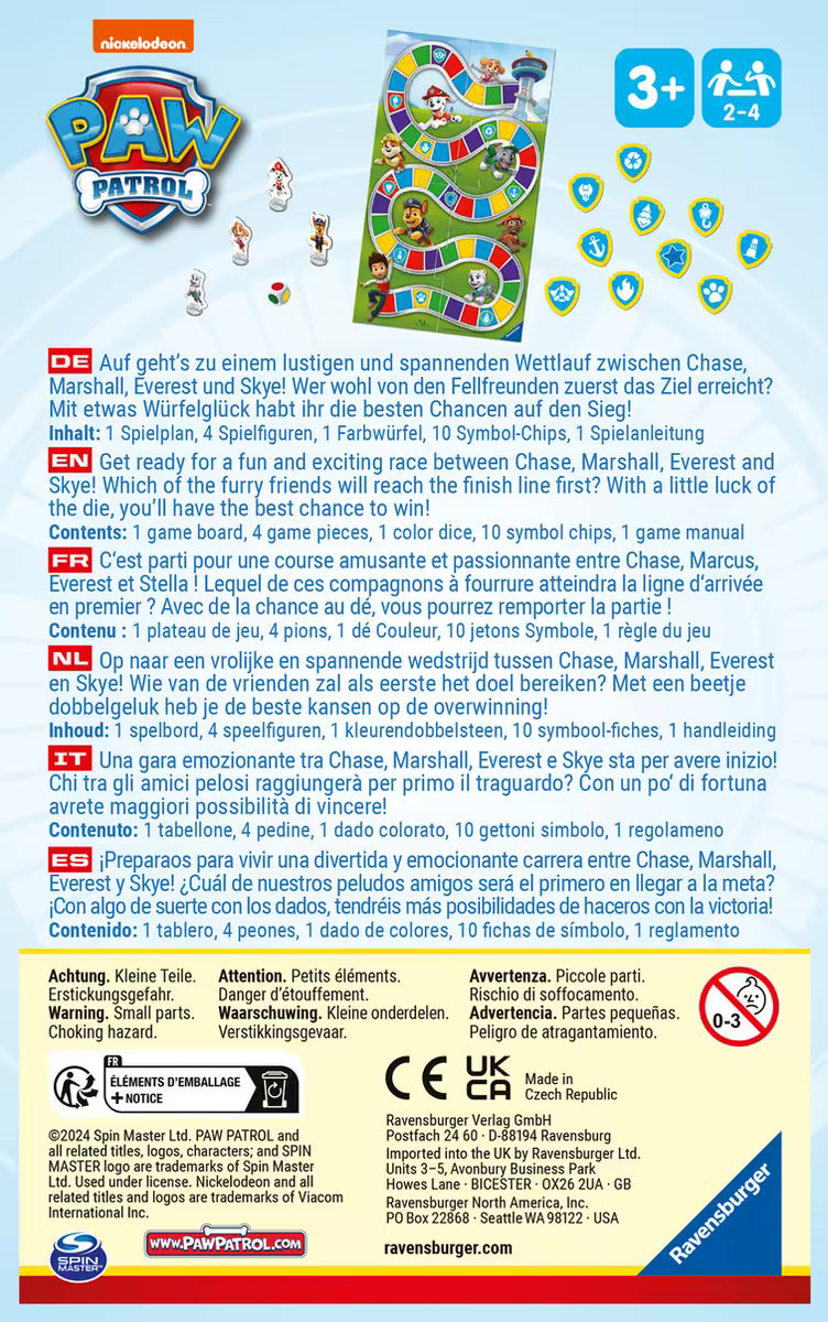 Achterzijde doos van Ravensburger Paw Patrol bordspel, met uitleg en inhoud voor peuters en jonge kinderen