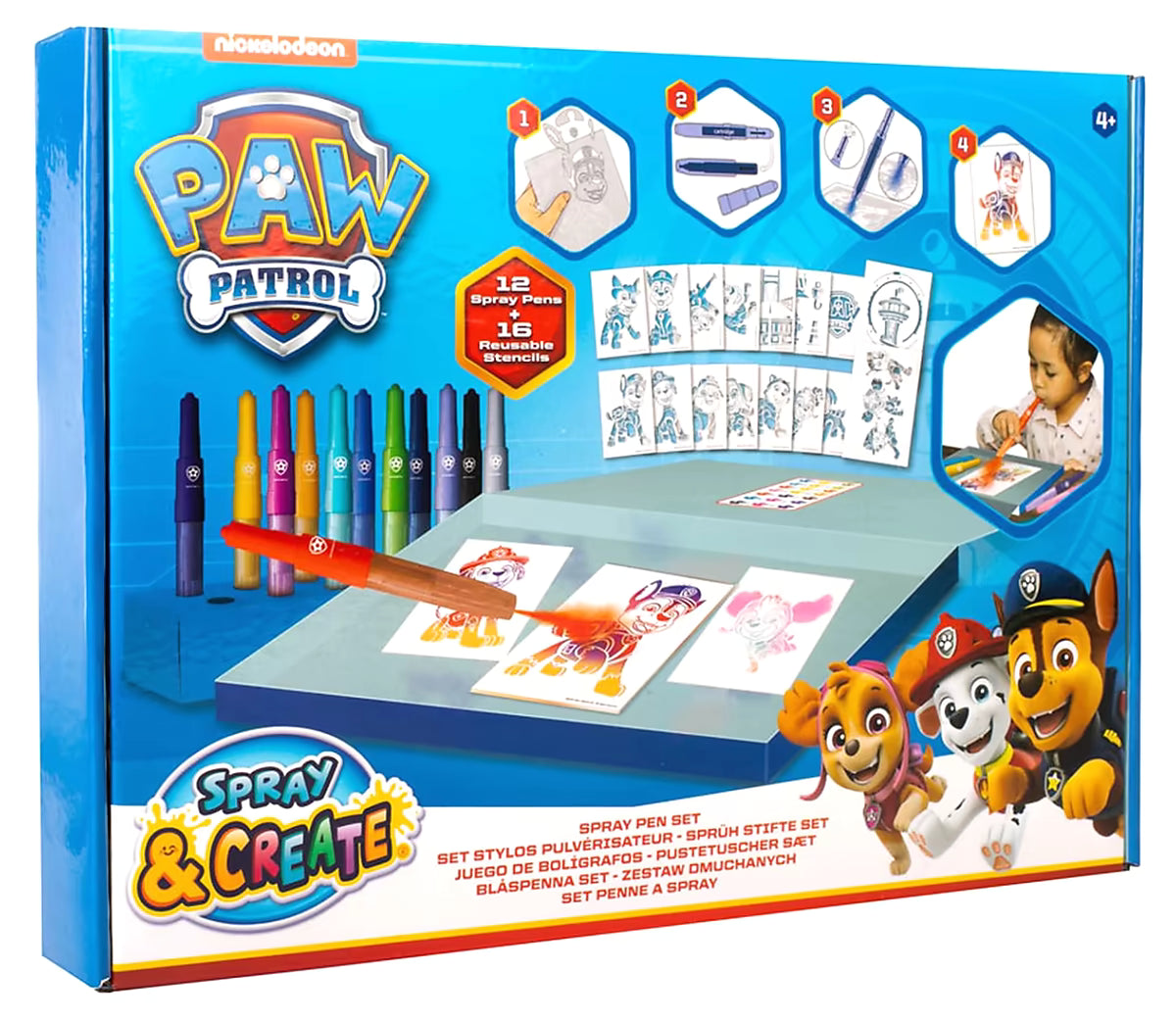 Achterzijde doos van PAW Patrol Spray Pen Set deluxe met uitleg, voorbeelden en leuke dingen om te knutselen.