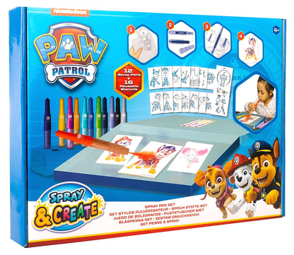 Achterzijde doos van PAW Patrol Spray Pen Set deluxe met uitleg, voorbeelden en leuke dingen om te knutselen.