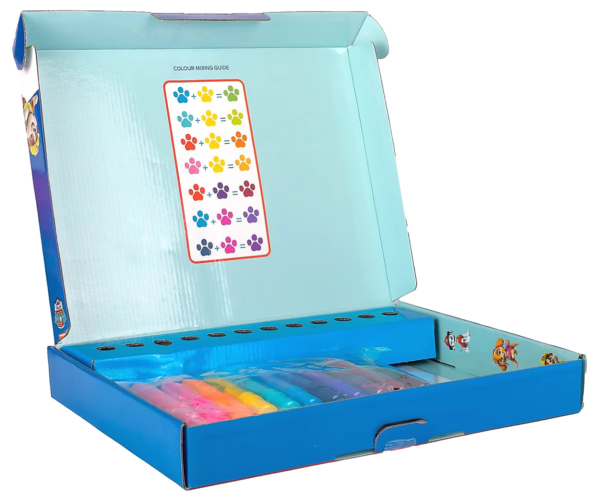 PAW Patrol Spray Pen Set deluxe in open box met kleurmix gids en stiften, leuk voor knutselen met peuters.