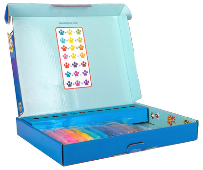 PAW Patrol Spray Pen Set deluxe in open box met kleurmix gids en stiften, leuk voor knutselen met peuters.