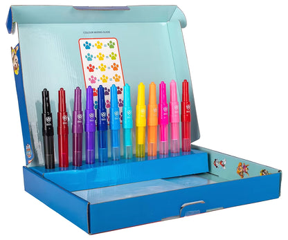 PAW Patrol Spray Pen Set deluxe met 12 kleurrijke spraystiften, perfect om met peuters te knutselen thuis.