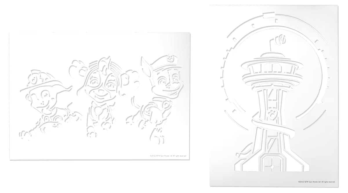 PAW Patrol Spray Pen Set deluxe met stencil van uitkijktoren en pups Chase, Skye en Marshall voor creatieve knutsel ideeën.