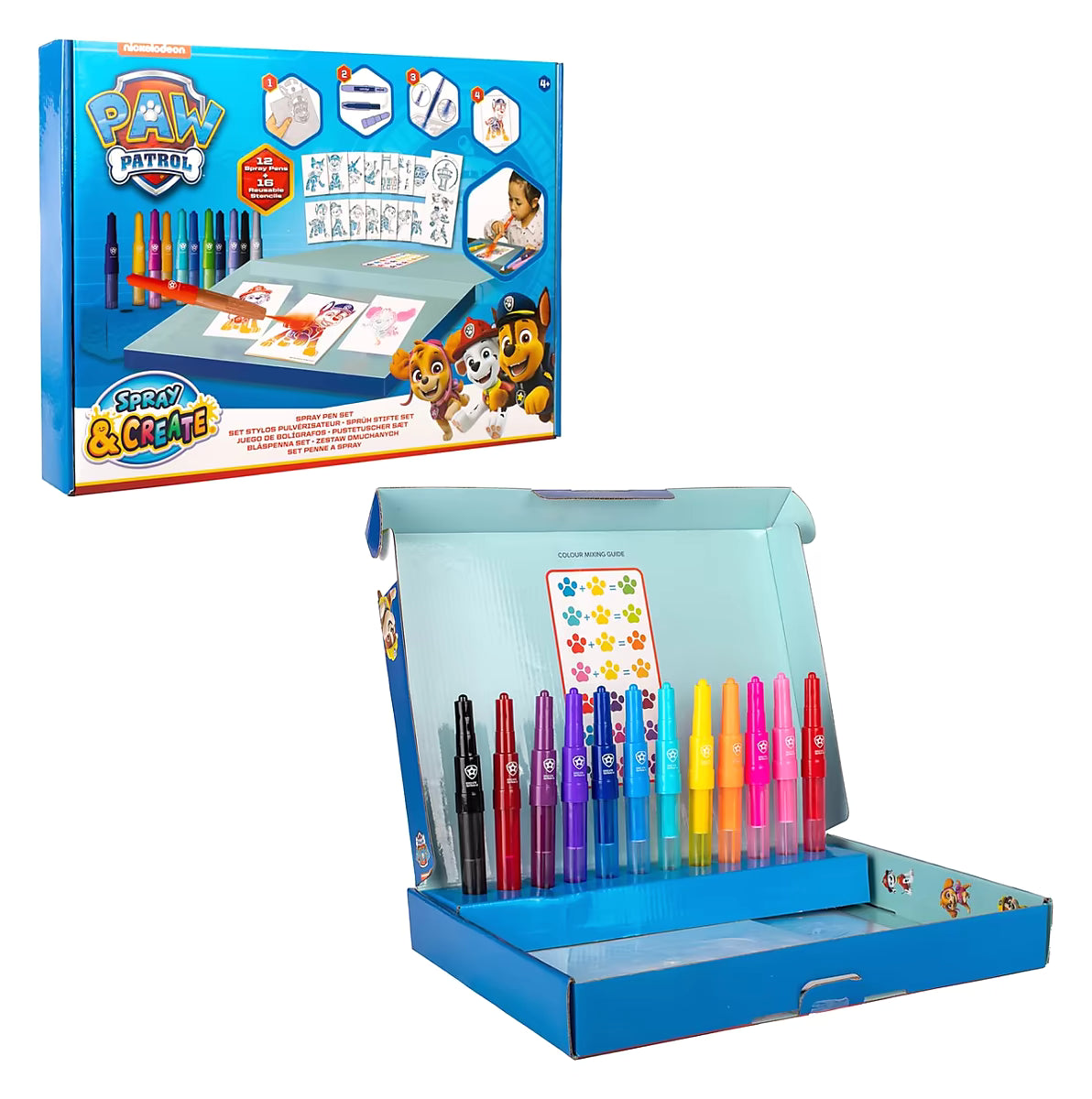 Voorkant verpakking van PAW Patrol Spray Pen Set deluxe met voorbeelden van stencils en knutsel ideeën.