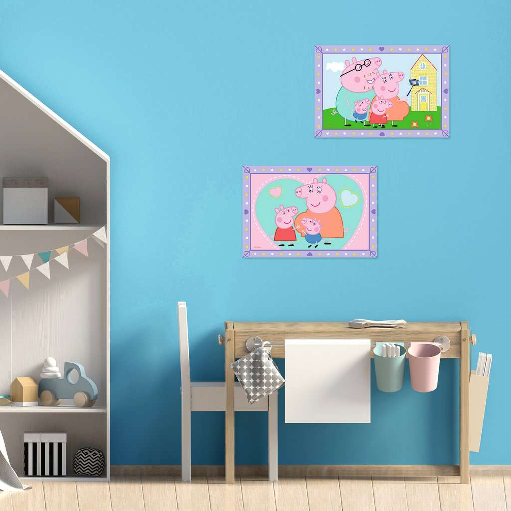 Peppa Pig CreArt wanddecoratie met Peppa familie aan turquoise muur, knutsel ideeën voor kinderkamer