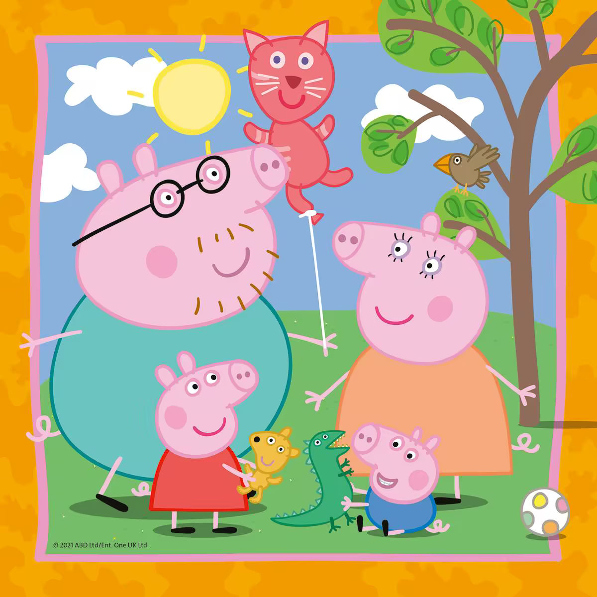 Peppa Pig met familie buiten in de tuin, kleurrijke Ravensburger puzzle Peppa Pig voor peuters en jonge kinderen.