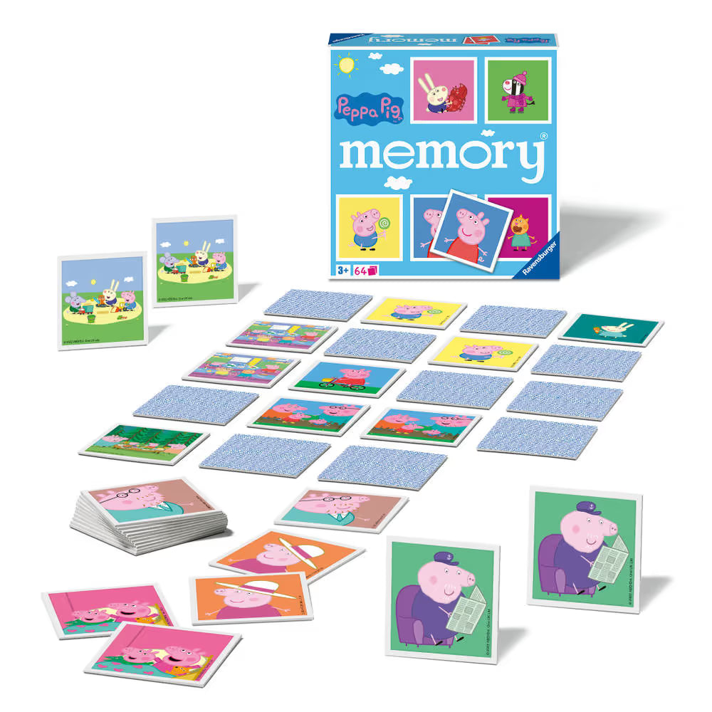 Bovenaanzicht van Ravensburger Peppa Pig memory met kleurrijke kaarten, educatief speelgoed voor jonge kinderen.