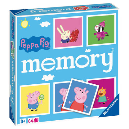 Heldere blauwe doos van Ravensburger Peppa Pig memory, kindvriendelijk speelgoed voor peuters vanaf 3 jaar.