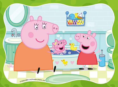 Peppa Pig puzzelstukjes afbeelding met vrolijke badkamerscène, geschikt voor kinderen en peuters vanaf 3 jaar.